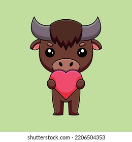 cute buffalo holding love hearth cartoon doodle art hand drawn concept vector kawaii icon illustration