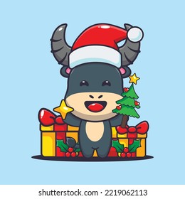 Cute buffalo holding star and christmas tree. Cute christmas cartoon illustration. 