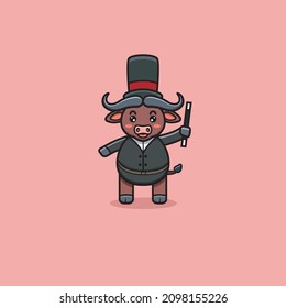 Cute Buffalo With Magician Costume. Vector and Illustration