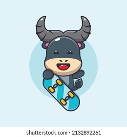 cute buffalo mascot cartoon character with skateboard