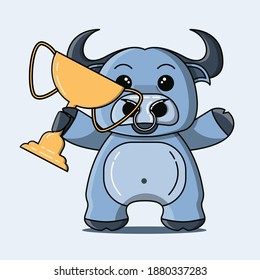 Cute buffalo mascot holding a trophy. Vector design for kids or sticker