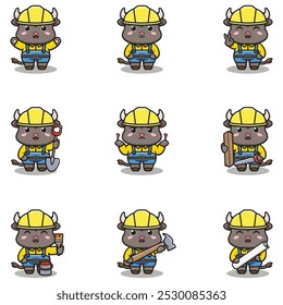 Cute Buffalo mascot works in construction. Cute Buffalo builder cartoon. Animal builders.