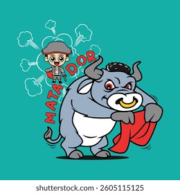cute buffalo matador, Animal Nature, isolated Flat Vector Illustration