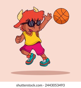 Cute Buffalo play basketball vector illustration for fabric, textile and print