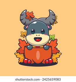 Cute buffalo in a pumpkin at autumn season. Mascot cartoon vector illustration suitable for poster, brochure, web, mascot, sticker, logo and icon.