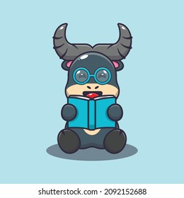 Cute buffalo reading a book. Cute cartoon animal illustration.