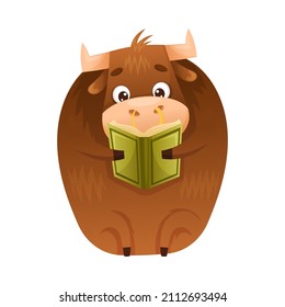 Cute buffalo reading book. Smart baby animal sitting and studying with book cartoon vector illustration