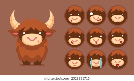 Cute Buffalo, Reihe von tierischen Emotionen, winziger Buffalo mit Emoji-Kollokation, Schlafen, Weinen, traurig, gelangweilt, glücklich, aufgeregt, liebenswert, überrascht, unvorsichtig, selbstbewusst, erschreckt, betäubt, Flaat Vectoravatar