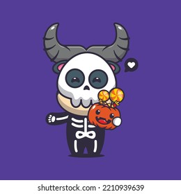 Cute buffalo with skeleton costume holding halloween pumpkin. Cute halloween cartoon illustration. 