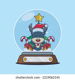 Cute buffalo in snow globe. Cute christmas cartoon illustration.