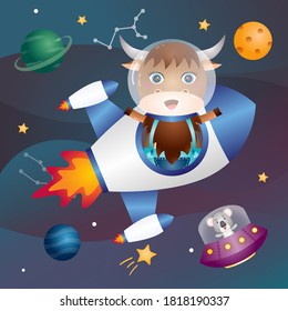 a Cute buffalo in the space galaxy