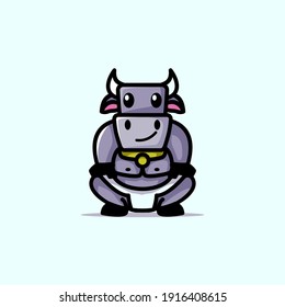 CUte Buffalo Sport Mascot Cartoon Character Vector Illustration Design. With Grey Buffalo Sumo Sport And Smile. Recomended For Mascot, Logo For Buffalo Seller, Children Design, And Other.
