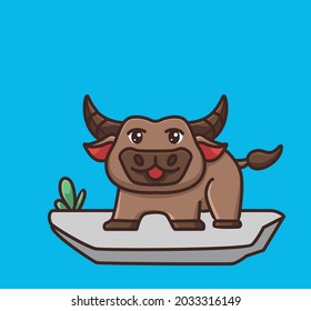 cute buffalo stay on the ground. cartoon animal nature concept Isolated illustration. Flat Style suitable for Sticker Icon Design Premium Logo vector. Mascot Character