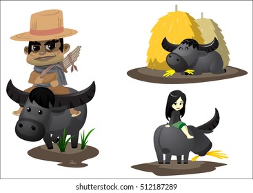 Cute buffalo in various action set 2, carry a farmer , sleep aside straw stage and carry a cute girl.