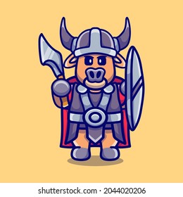 cute buffalo viking with ax and shield, suitable for t-shirt design or viking animal mascot