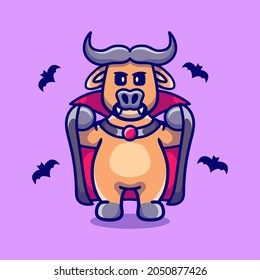 cute buffalo wearing vampire halloween costume, suitable for cute animal halloween t-shirts or mascot designs