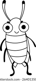 A cute bug with big eyes and antennae drawn in a playful style. The insect has a striped body and a cheerful expression. Cartoon vector illustration.
