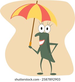 A cute bug with big eyes, done in cartoon style and green tones, stands under a colorful umbrella.