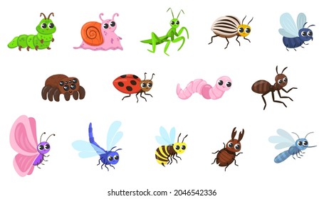 Cute bug cartoon characters vector illustrations set. Funny forest or garden animals, ant, snail, spider, ladybug, dragonfly, bee, butterfly, worm isolated on white background. Insects, nature concept