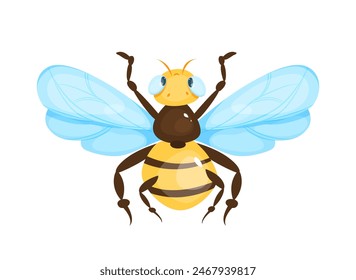 Cute bug icon. Adorable sticker with striped winged bumblebee. Hand drawn wasp or bee with stinger. Mascot with wild flying insect. Cartoon flat vector illustration isolated on white background