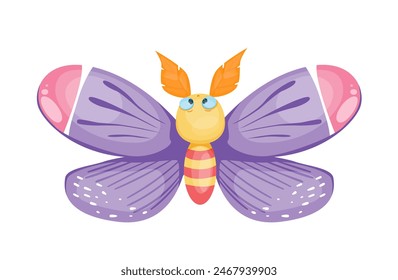 Cute bug icon. Colorful sticker with adorable butterfly with beautiful purple wings. Flying insect pollinator of flowers. Child drawing. Cartoon flat vector illustration isolated on white background