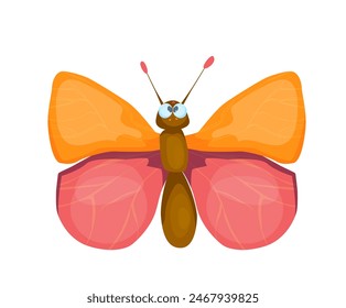 Cute bug icon. Hand drawn sticker with beautiful butterfly with wings and antennas. Charming spring insect flying in air. Cartoon flat vector illustration isolated on white background
