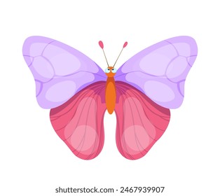 Cute bug icon. Hand drawn sticker with adorable butterfly with beautiful pink wings. Child drawing with spring insect flowers pollinator. Cartoon flat vector illustration isolated on white background