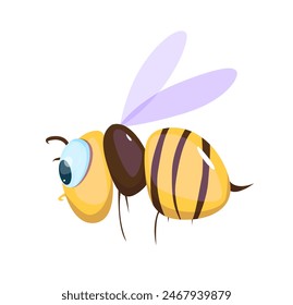 Lindo icono de bicho. Vista lateral de la abeja rayada volando en el aire. Pegatina con avispa adorable o abejorro con alas y aguijón. Un insecto salvaje. Ilustración vectorial plana de dibujos animados aislada sobre fondo blanco