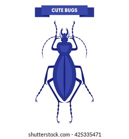 Cute bug isolated on white. Blue ceroglossus. Cute insect design. Stylish flat cartoon bug. For card, print, flyer, poster, label, shop. Kid's beetle vector illustration