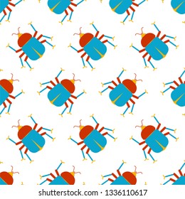Cute bug pattern. funny Beetle cartoon style background. Baby cloth texture. kids character. Childrens style. 