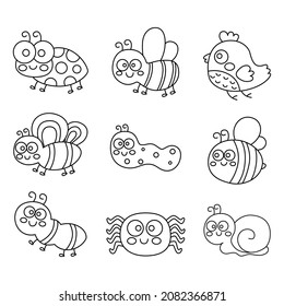 Cute bug and snail cartoon funny insects set Isolated on white background.  