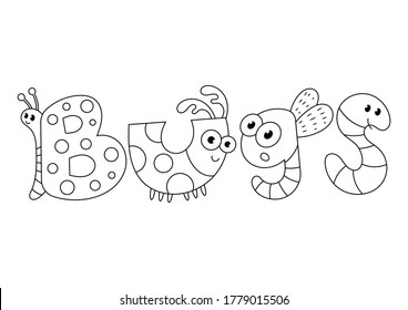 Cute bugs alphabet vector cartoon. Bugs vocabulary cartoon. Butterfly, ladybird, ragonfly, and earthworm. 