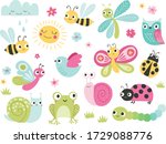 Cute bugs and animals character set. Funny cartoon insects, butterfly, bee, frog, owl, snail, ladybug. Garden, pond, meadow creatures. Spring and summer vector illustration for kids.