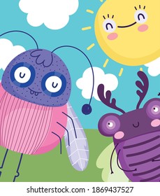cute bugs animals in the landscape nature cartoon design vector illustration