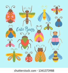 Cute bugs and beetles set. Childish print for cards, stickers, apparel and nursery decoration