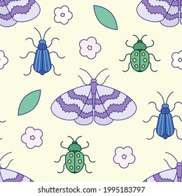 Cute bugs and butterfly in seamless pattern. Flat vector illustration. Texture for print, fabric, textile, wallpaper.