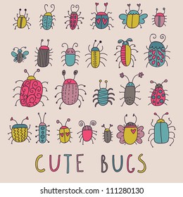 Cute Bugs. Cartoon Insects In Vector Set