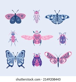 Bichos muy buenos. Niños dibujando insectos, mariposas voladoras y pájaro de bebé. Mariposa de flores, insecto de mosca y escarabajo. Moscas cuerneadas insectos de insectos de insectos de insectos y libélula vectorial plana aislados iconos conjunto