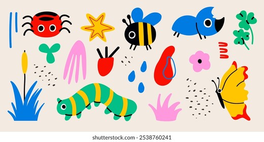 Cute bugs. Child drawing insects, flying butterflies and baby ladybird. Flower butterfly, fly insect and beetle. flat vector isolated icons set