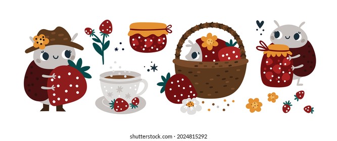 Cute bugs collection with fruits. Bug in garden collects strawberries. Funny firefly, ladybug. Childish vector cartoon character for children. For print, card, clothing, room decoration, nursery print