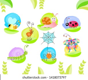 Cute bugs collection including spider, butterfly, ladybug, bee, ant, snail, caterpillar