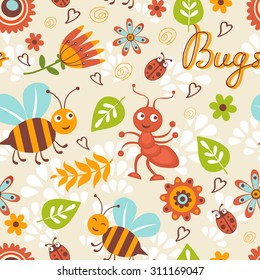 Cute bugs colorful seamless pattern in vector format
