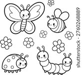 Cute bugs coloring page with butterfly ladybug and caterpillar in simple cartoon outline style, perfect for kids coloring books and nature themed activity pages.
