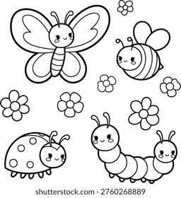 Cute bugs coloring page with butterfly ladybug and caterpillar in simple cartoon outline style, perfect for kids coloring books and nature themed activity pages.