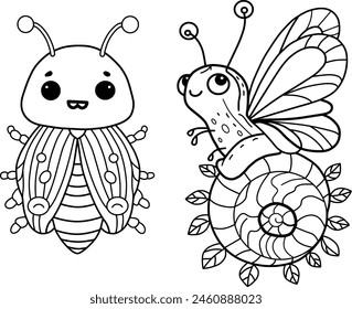 Cute bugs coloring page. Snail and funny beetle. Vector illustration of black lines.