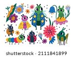 Cute bugs. Funny cartoon insects. Flying butterfly and crawling caterpillar characters. Moths and happy grasshopper with flowers. Ladybug or beetle on leaves. Vector
