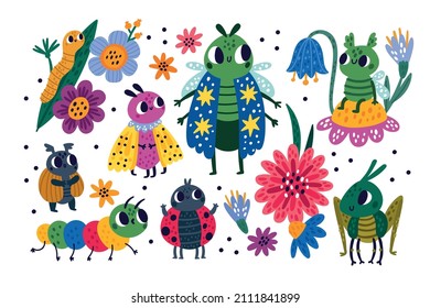 Cute bugs. Funny cartoon insects. Flying butterfly and crawling caterpillar characters. Moths and happy grasshopper with flowers. Ladybug or beetle on leaves. Vector