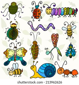 Cute bugs and funny insects. Vector illustration