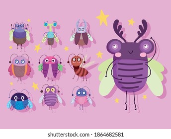 cute bugs insects animal nature in cartoon style icons vector illustration