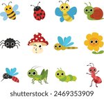 Cute bugs and insects cartoon characters, bumblebee, ladybug, ant, caterpillar, snail, spider, bee, dragonfly, grasshopper, mosquito, butterfly